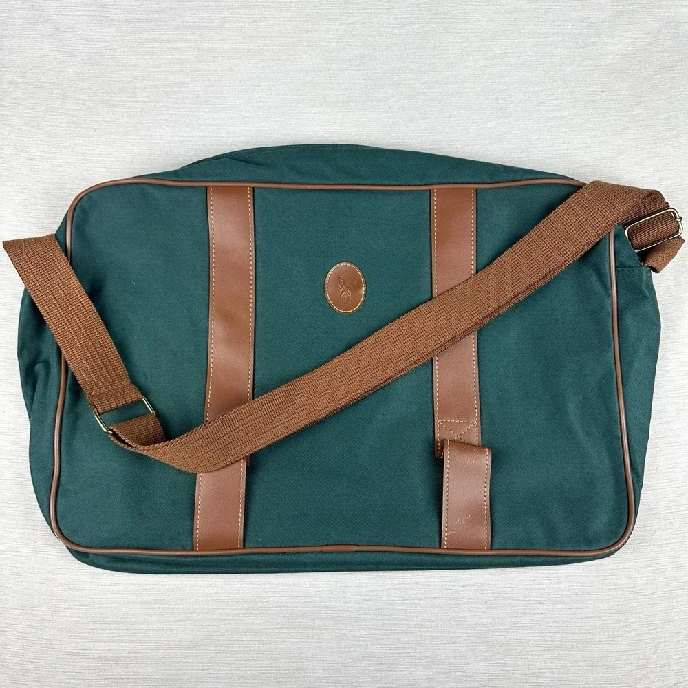 Vtg‎ 90s Polo Ralph Lauren Messenger Laptop Bag Green Brown Leather Patch Strap